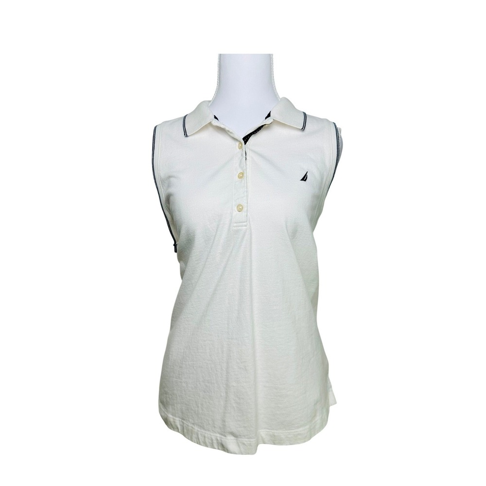 Nautica‎ Womens Sleeveless Polo Shirt White Navy Trim Golf Tennis Top Size Large
